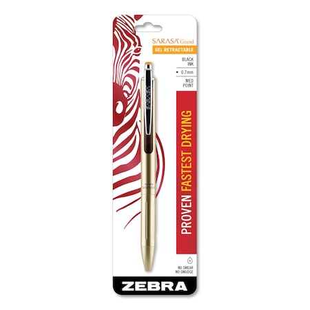 Zebra Pen Blister-Carded Sarasa Grand Retractable Gel Pen, Fine 0.7mm, Blck/Gold 45511